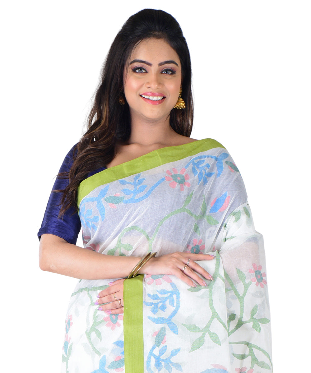 White sky blue multicolor handwoven cotton saree