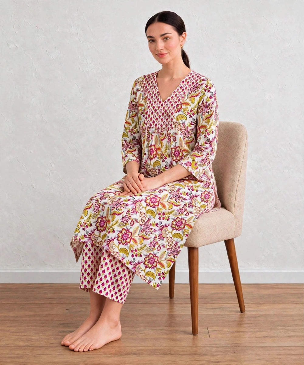 Yellow marron hand block printed A line cotton Kurta set