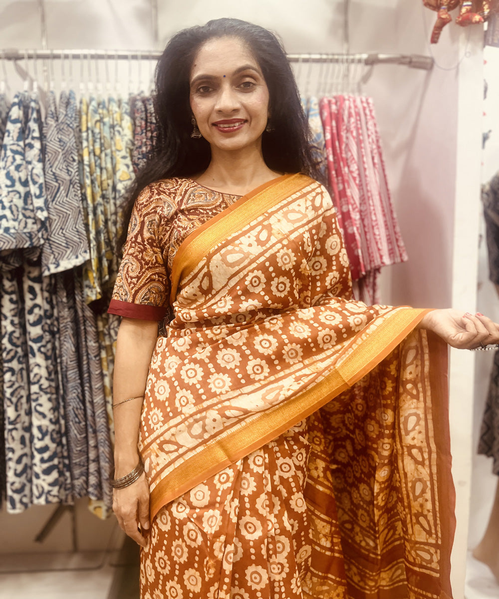 Rust hand block bagru printed maheswari sico saree