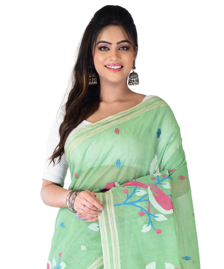 Light green multicolor handwoven cotton saree