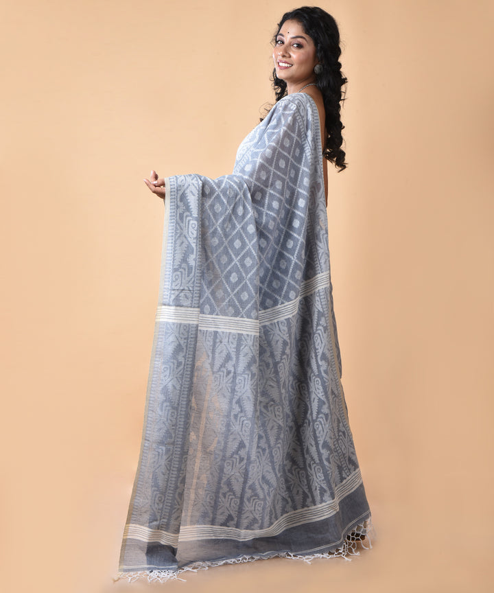 Lavender offwhite cotton handwoven jamdani saree