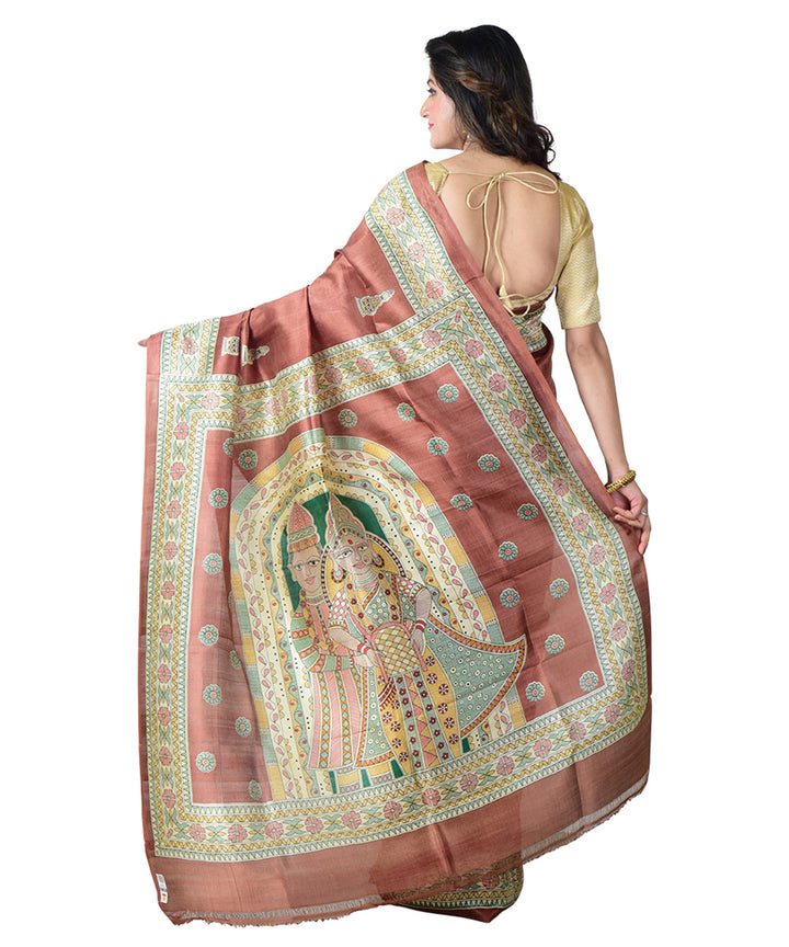Brown multicolor  handprinted silk saree
