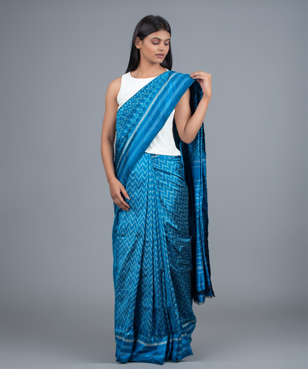 Blue handwoven pochampally ikat saree