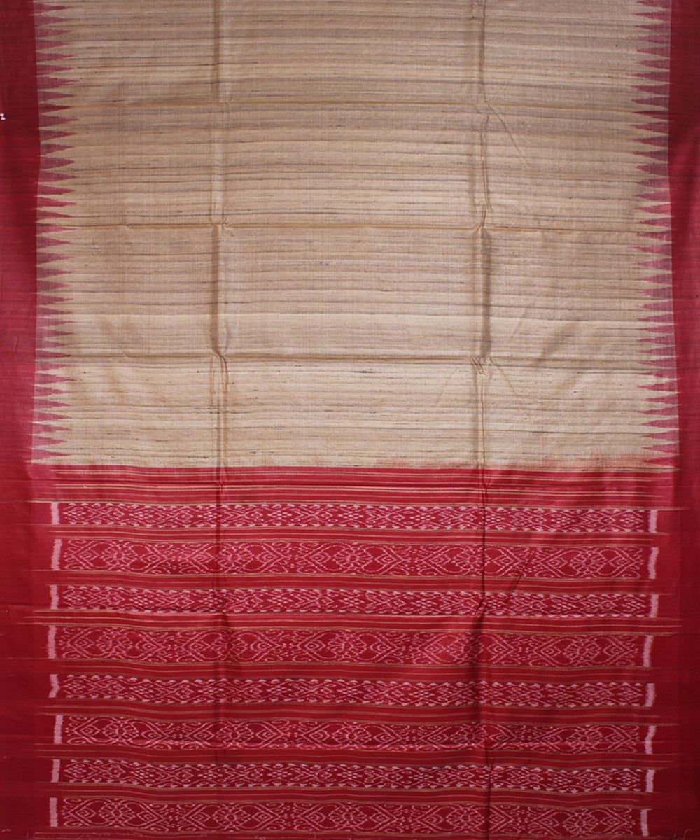 Beige red tussar silk handwoven saree
