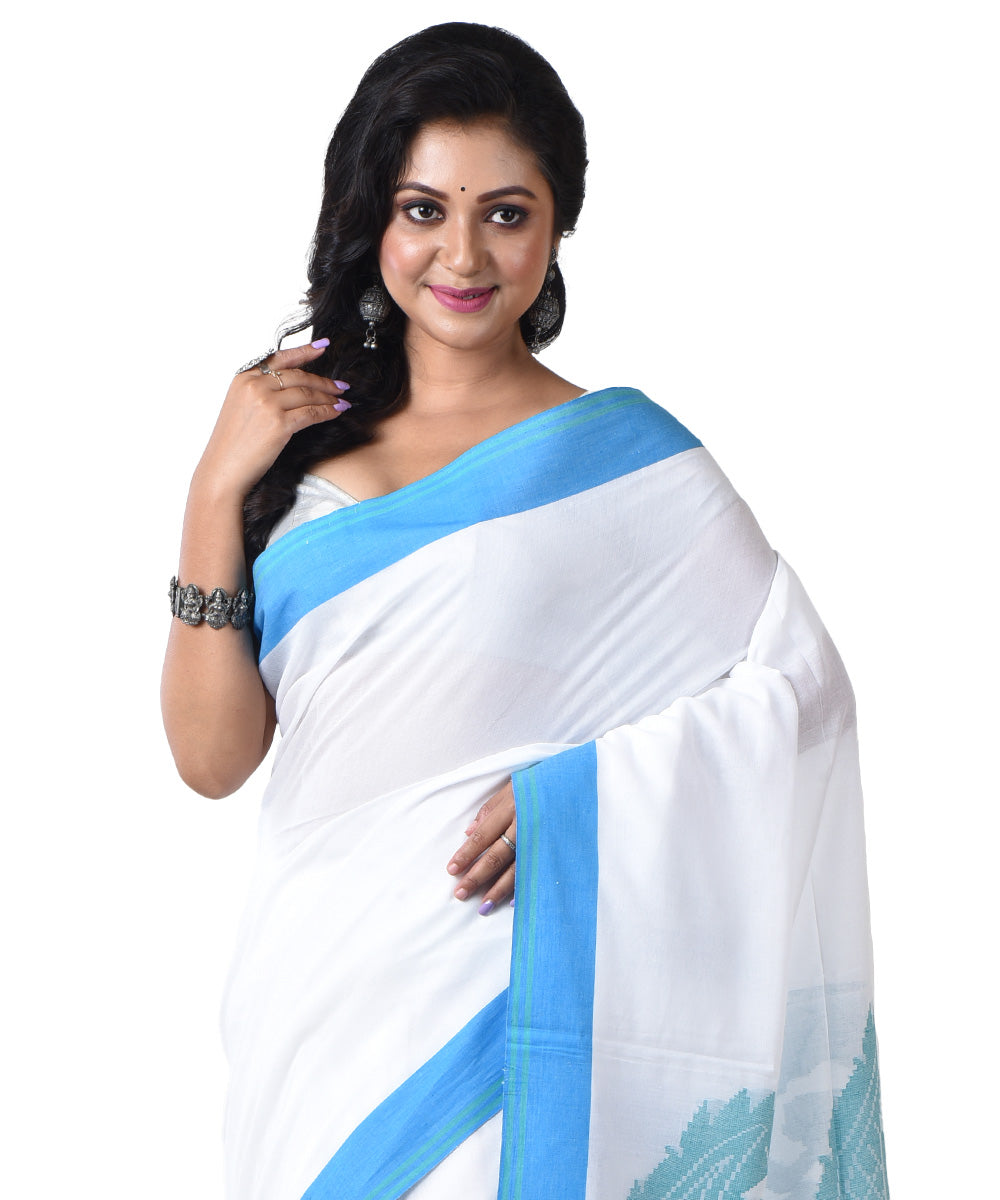 White cyan blue handloom cotton shantipuri saree