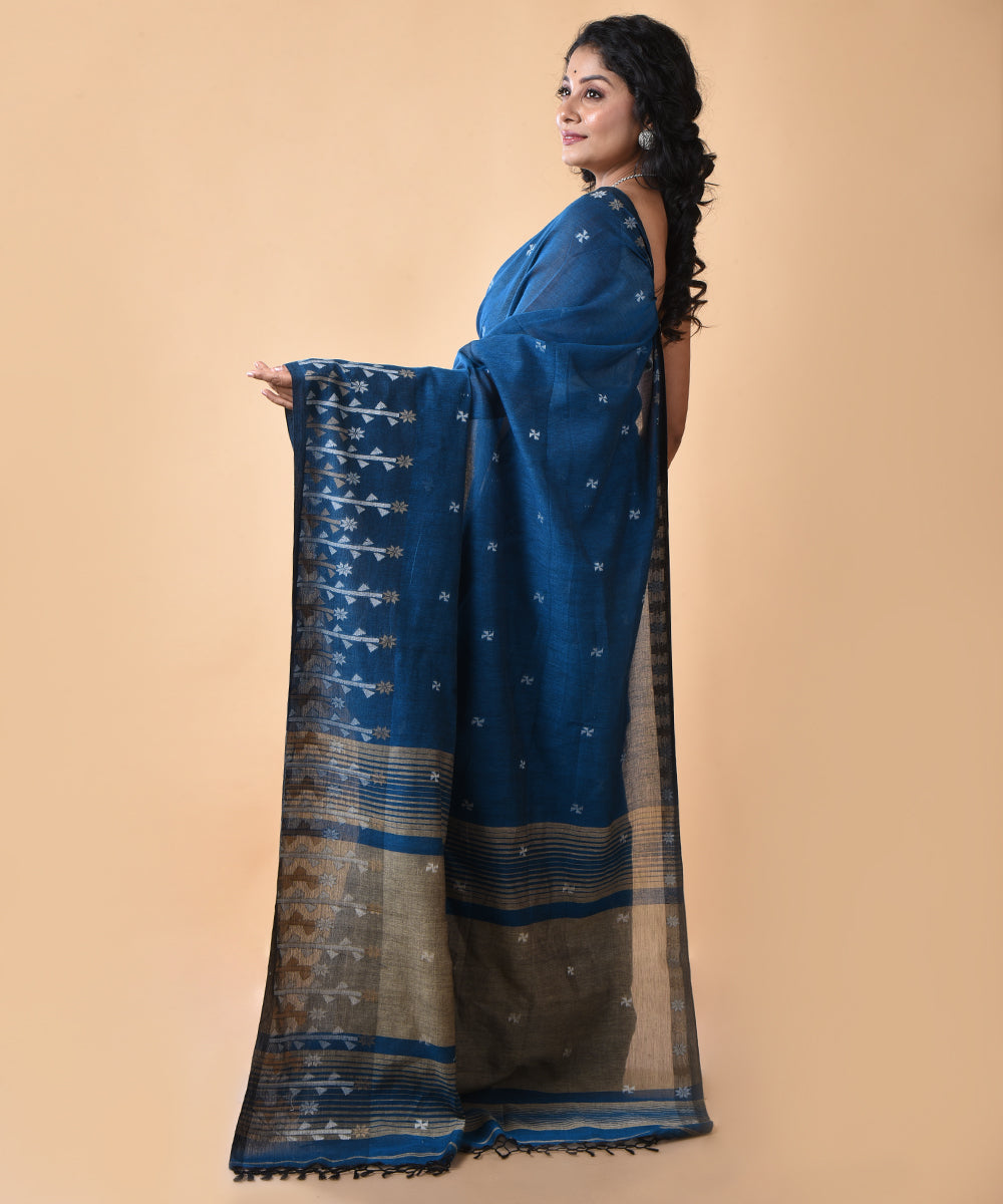 Royal blue cotton handwoven jamdani saree