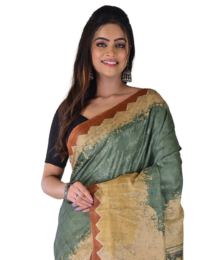 Light green multicolor hand printed tussar silk saree