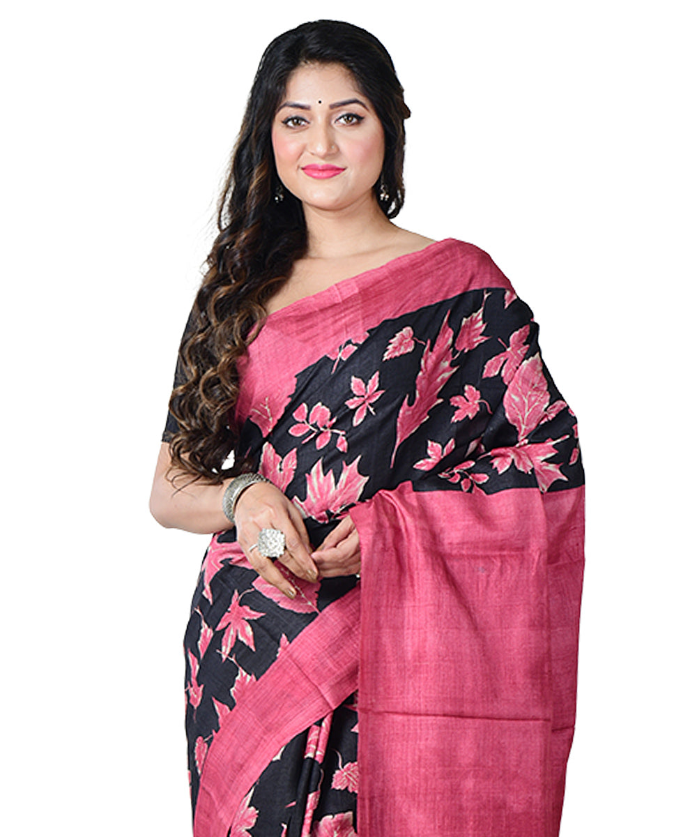 Black pink block print handprinted tussar silk saree