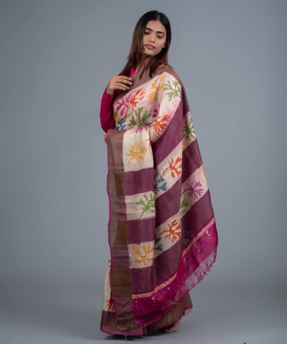 Cream mulberry silk hand painted batik saree