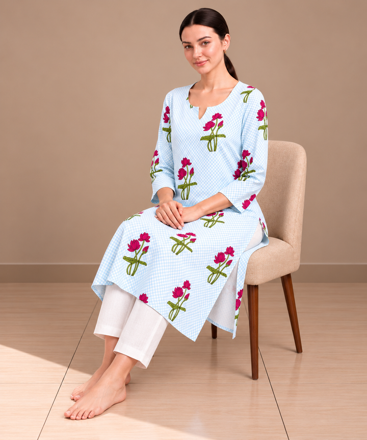 Aqua blue red lotus hand block printed pure cotton kurti