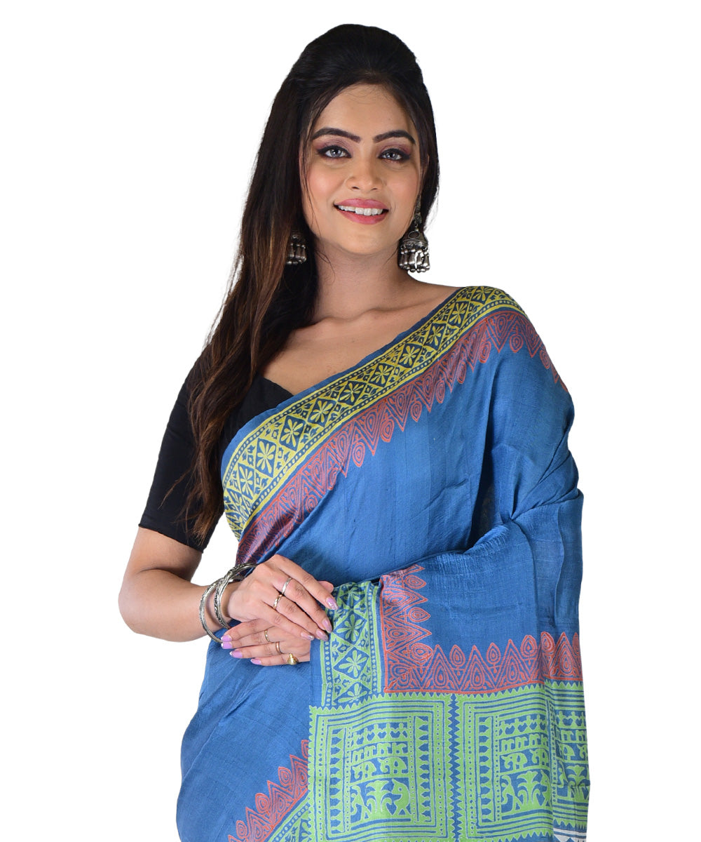 Cyan blue multicolor hand printed silk saree