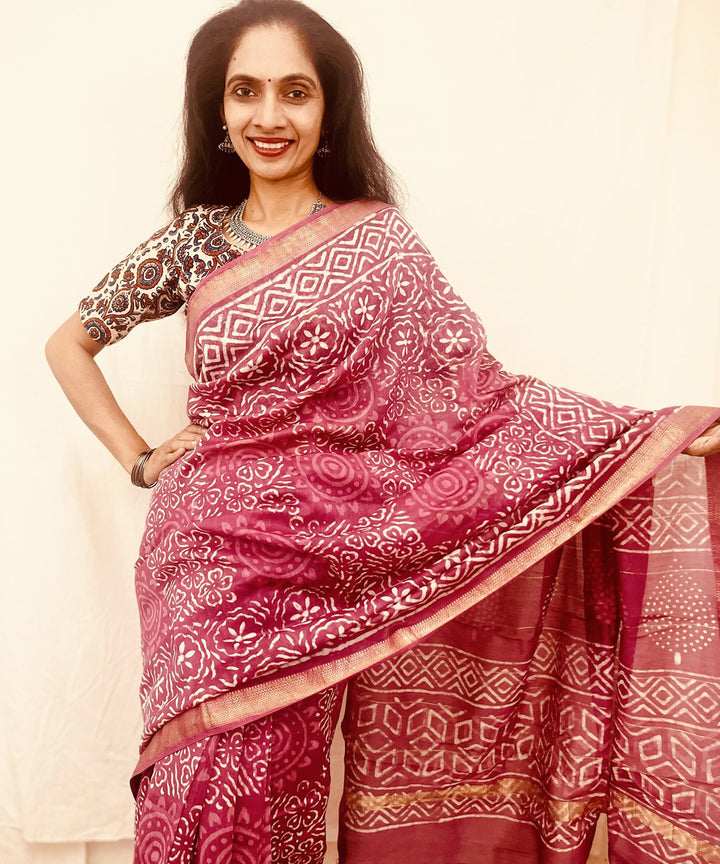 Onion pink hand block bagru printed maheswari sico saree