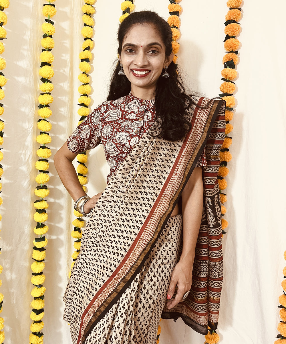 Beige black hand block bagru print chanderi sico saree
