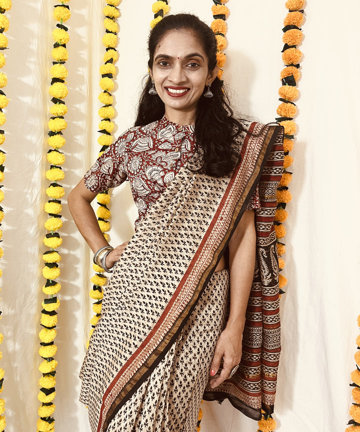 Beige black hand block bagru print chanderi sico saree