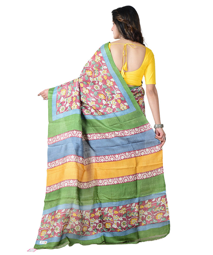 Multicolor maroon block print handprinted tussar silk saree
