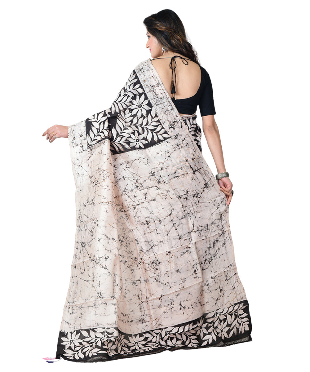 Black white batik print handprinted silk saree