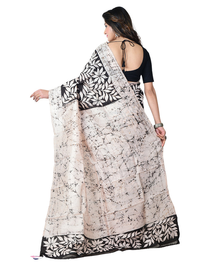 Black white batik print handprinted silk saree