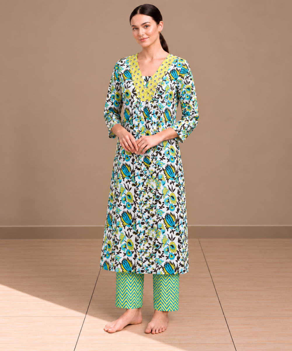 Green yellow hand block printed A line cotton Kurta set