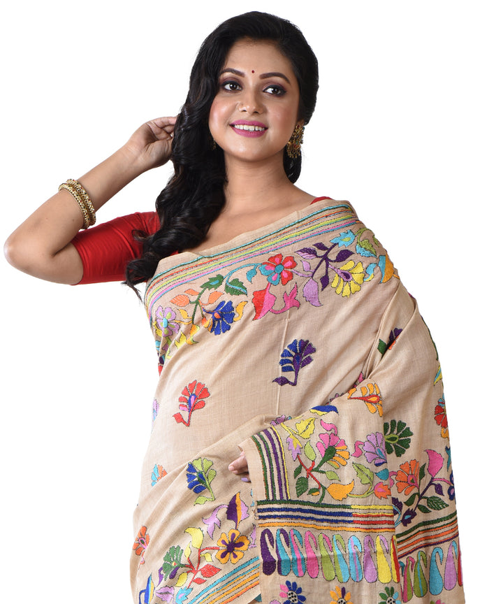 Beige multicolor pallu hand kantha stitched tussar silk saree