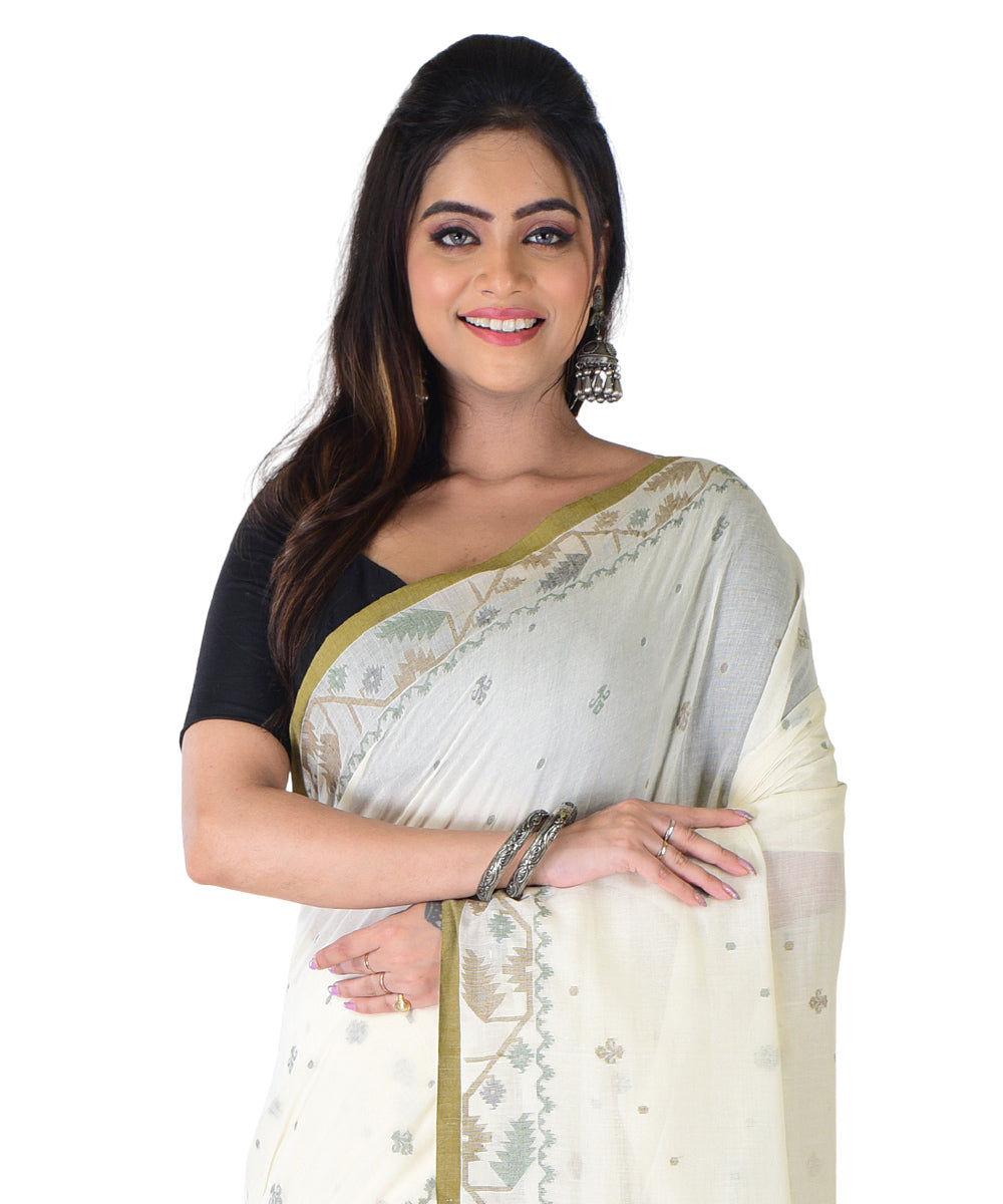 White light green handwoven cotton saree