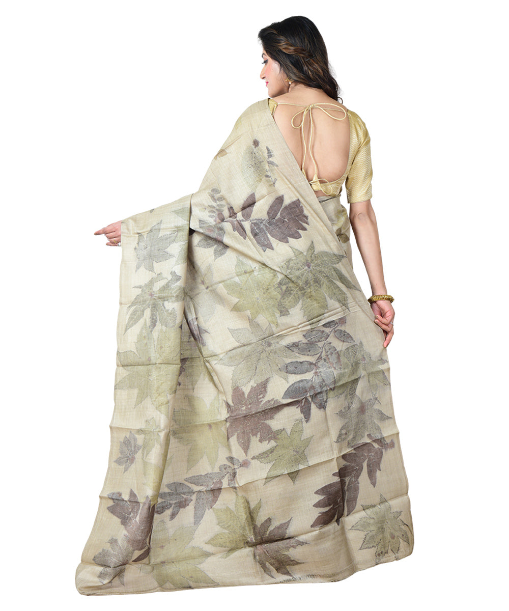 Beige grey  handprinted tussar silk saree
