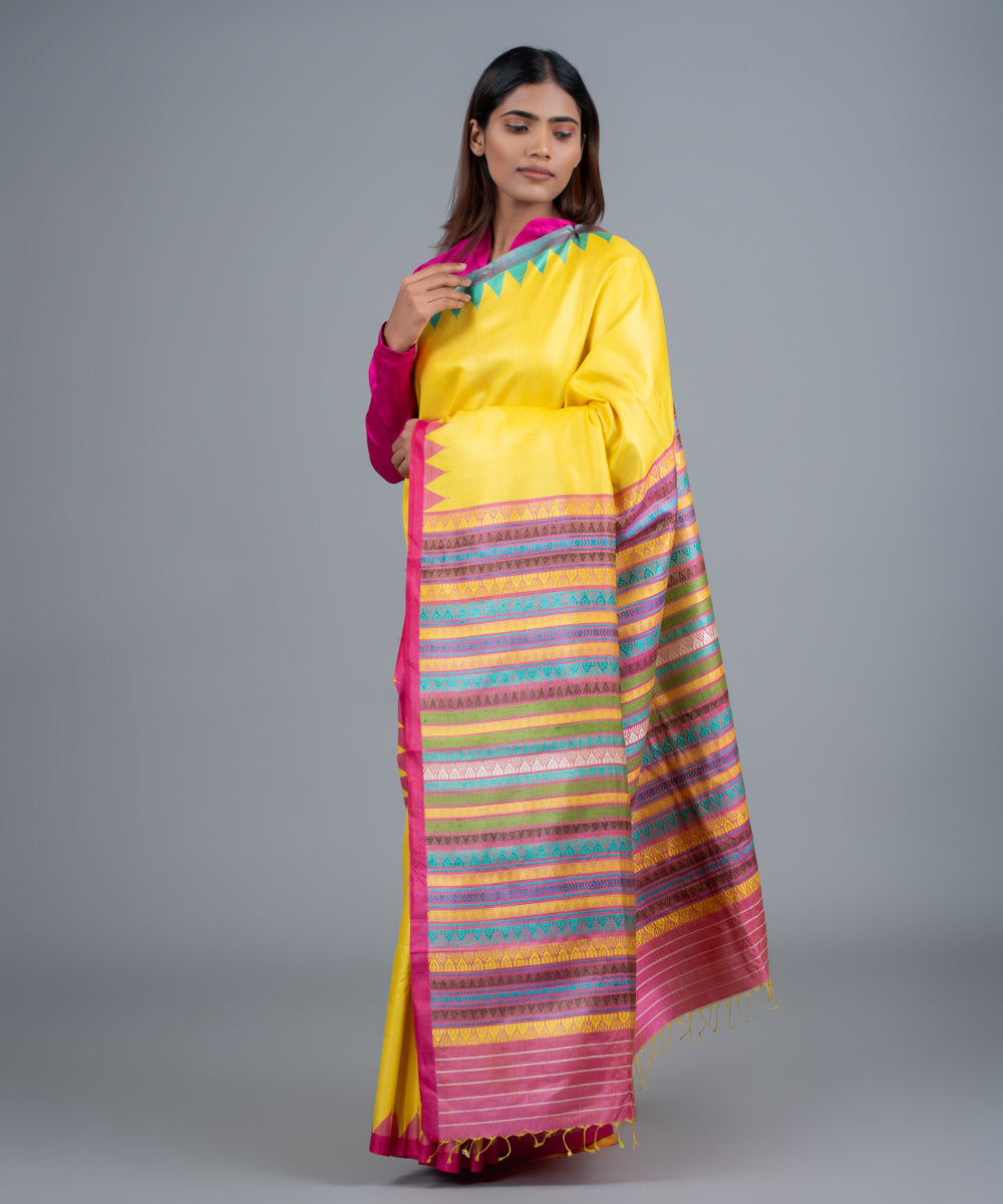 Yellow pink handwoven gopalpur jala border tussar saree – GoSwadeshi