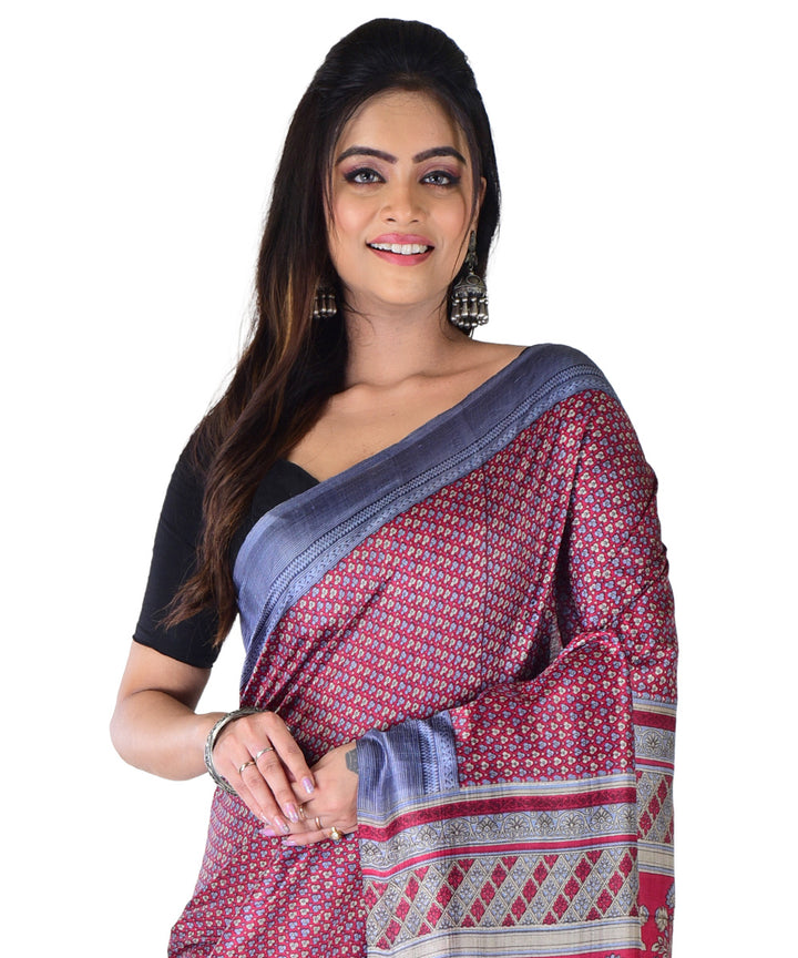 Maroon multicolor hand printed silk saree