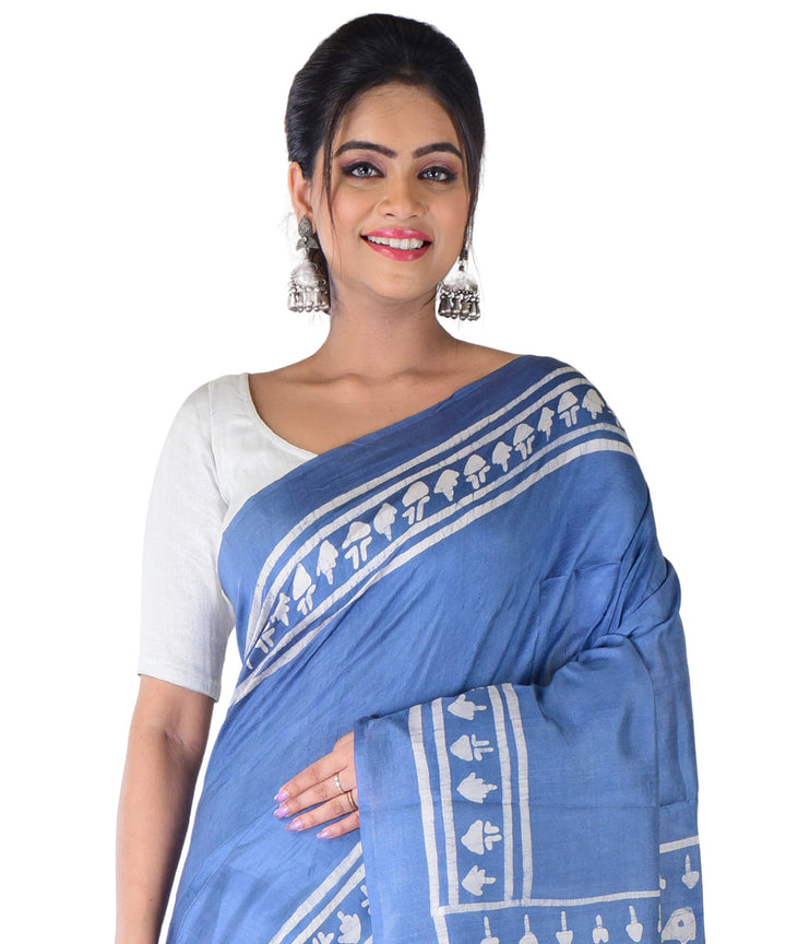 Grey offwhite hand batik printed silk saree