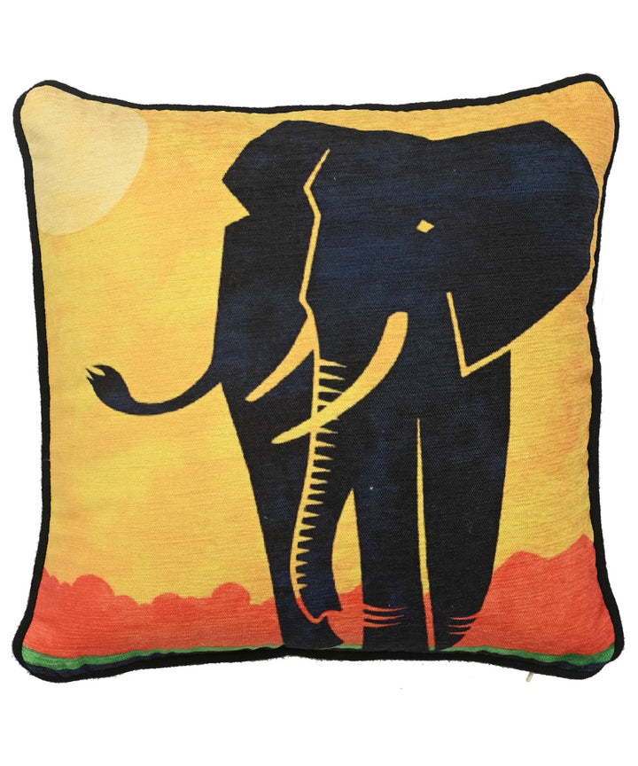 Multicolor black hand printed elephant art silk cushion cover