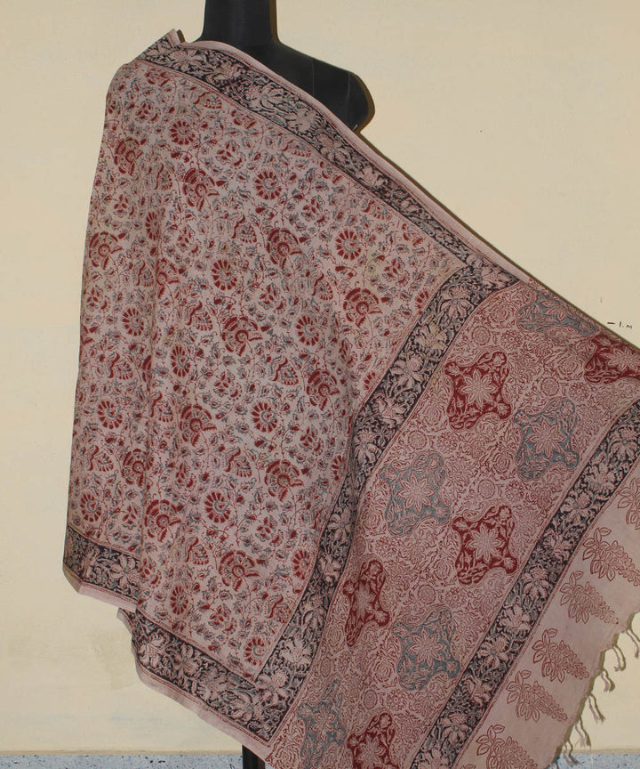 Beige red hand printed kalamkari cotton dupatta