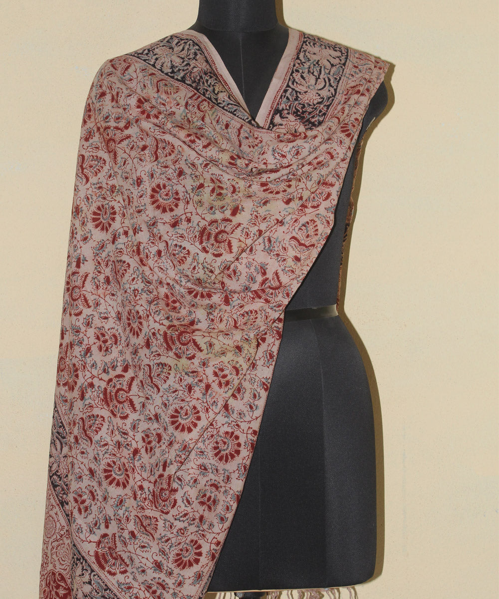 Beige red hand printed kalamkari cotton dupatta