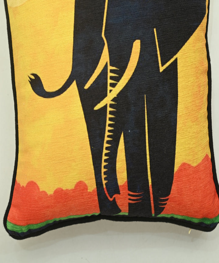 Multicolor black hand printed elephant art silk cushion cover