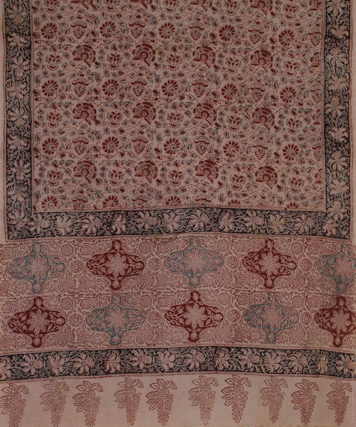 Beige red hand printed kalamkari cotton dupatta