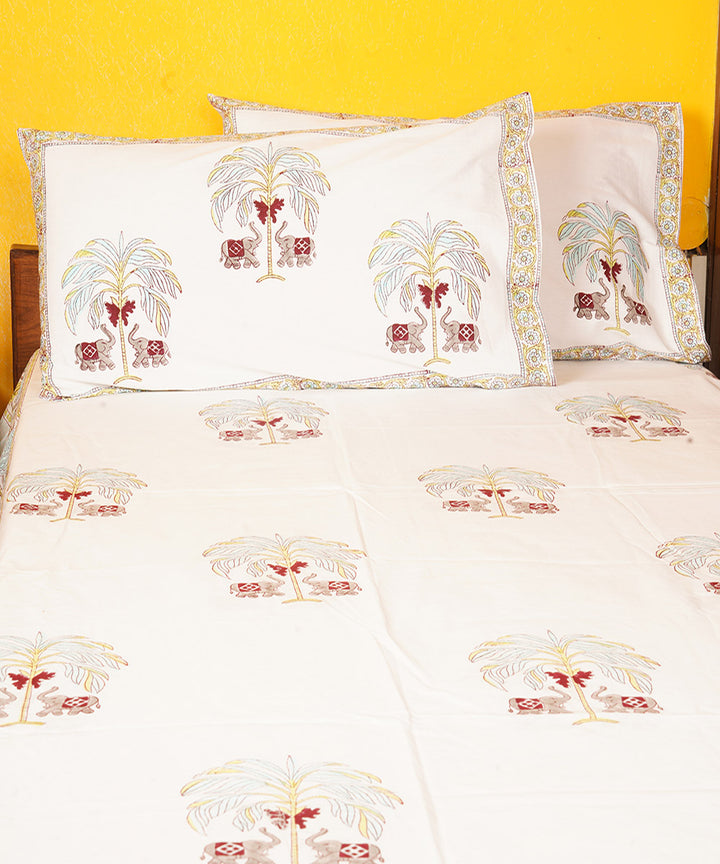 White green hand block printed cotton double bedsheet