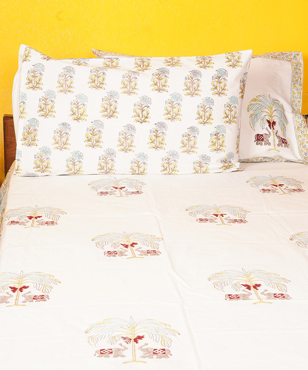 White green hand block printed cotton double bedsheet
