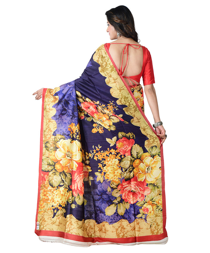 Navy blue multicolor block print handprinted silk saree