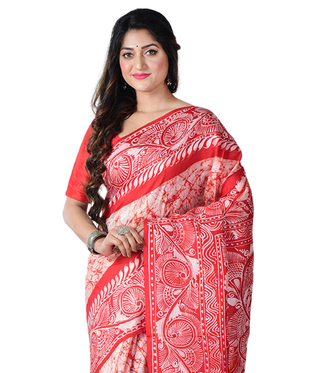 Red white batik print handprinted silk saree