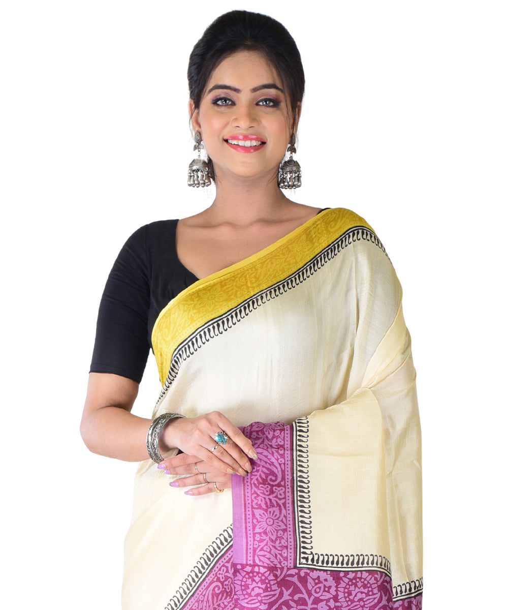 White violet hand printed silk saree