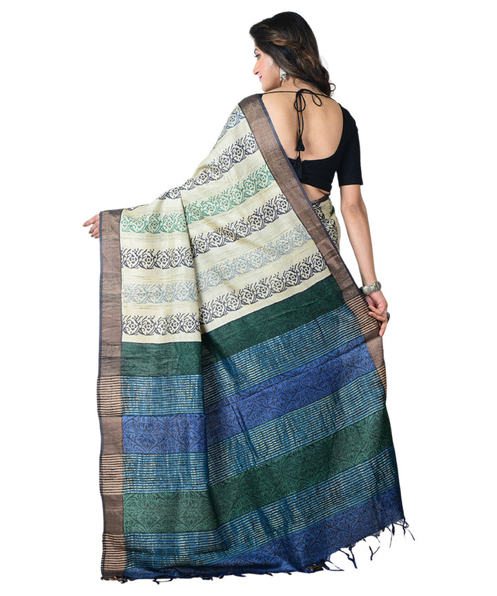 Beige multicolor batik print handprinted tussar silk saree