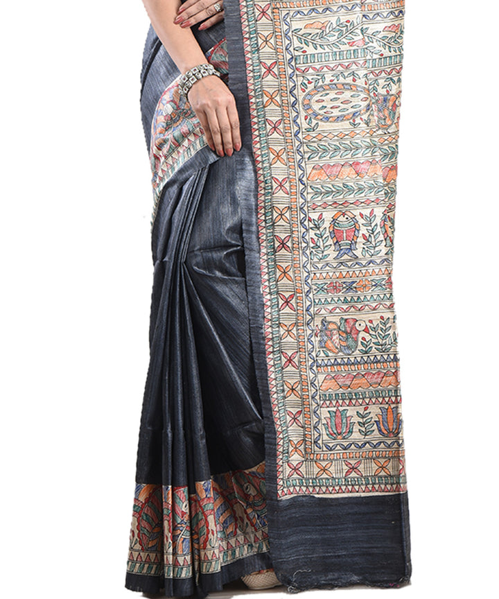Black multicolor handloomtussar silk madhubani painting saree