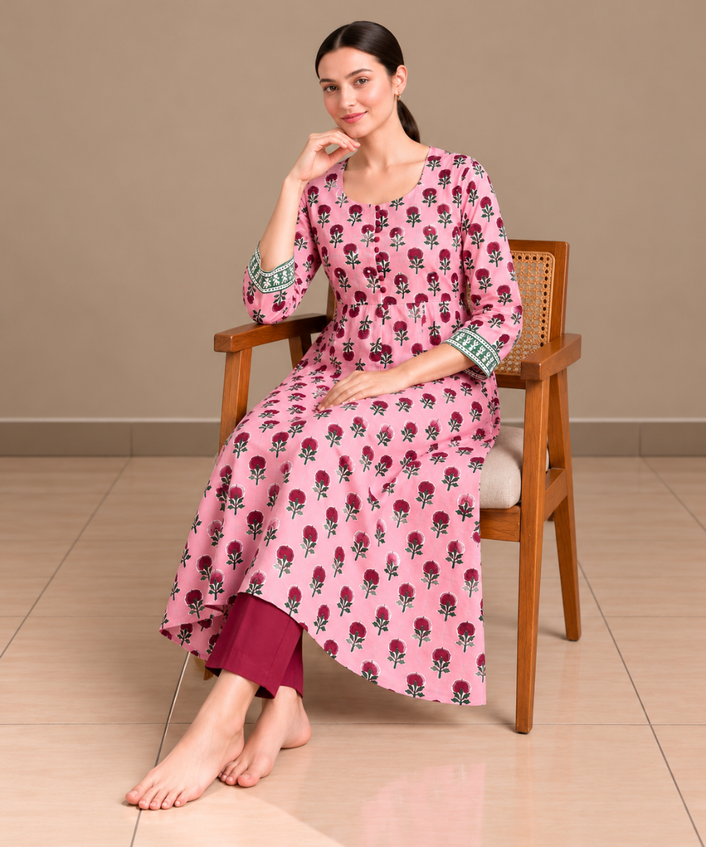 Peach and marron hand block printed Anarkali cotton Kurta set