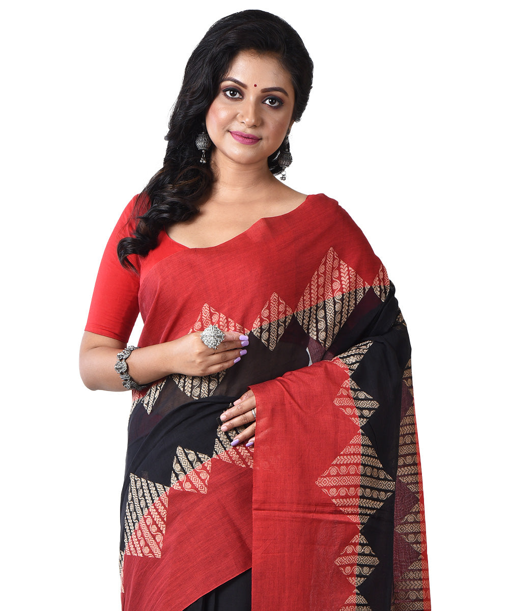 Black red handloom cotton shantipuri saree