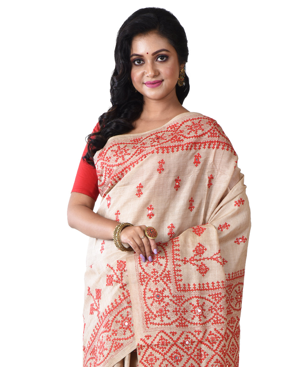 Beige red hand kantha stitched tussar silk saree
