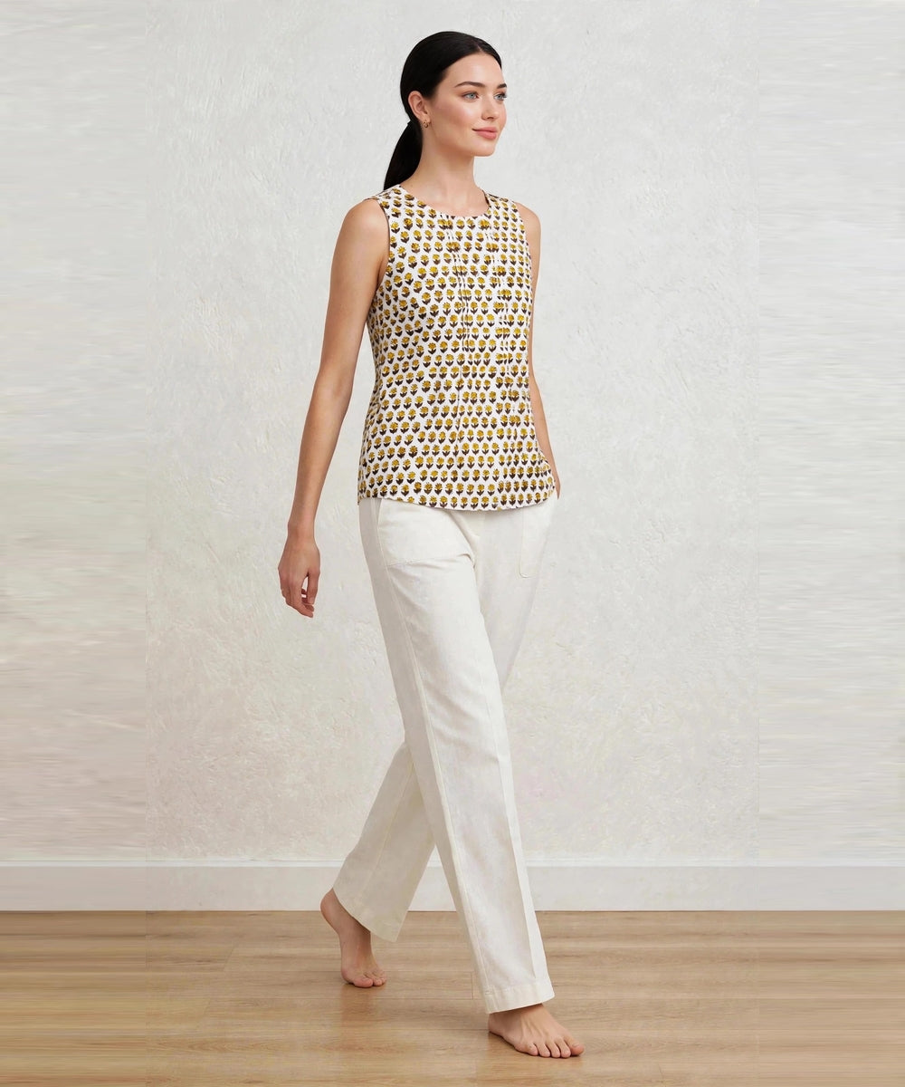 Off white floral hand blook printed cotton short top