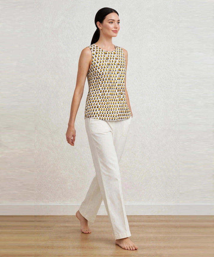 Off white floral hand blook printed cotton short top