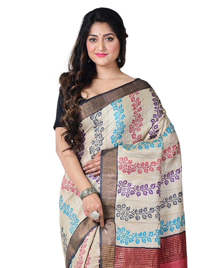 Beige multicolor block print handprinted tussar silk saree