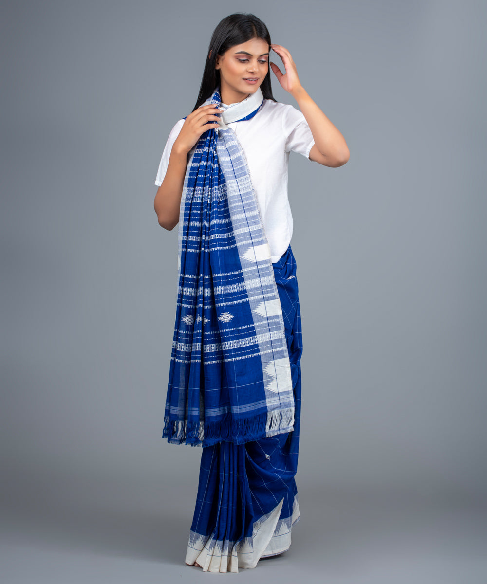 Blue white handwoven cotton kotpad saree