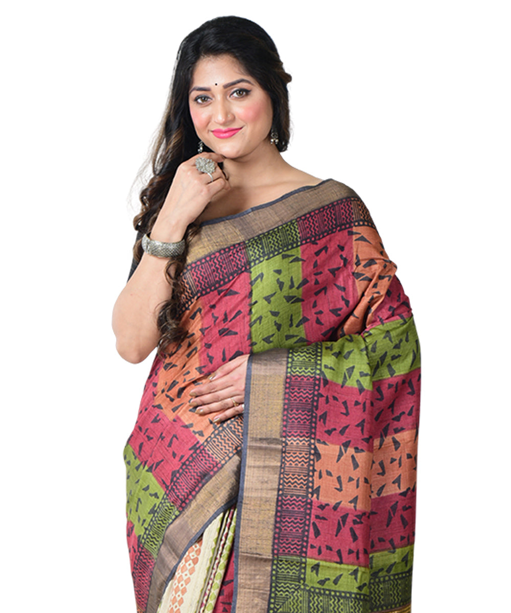 Multicolor beige block print handprinted tussar silk saree