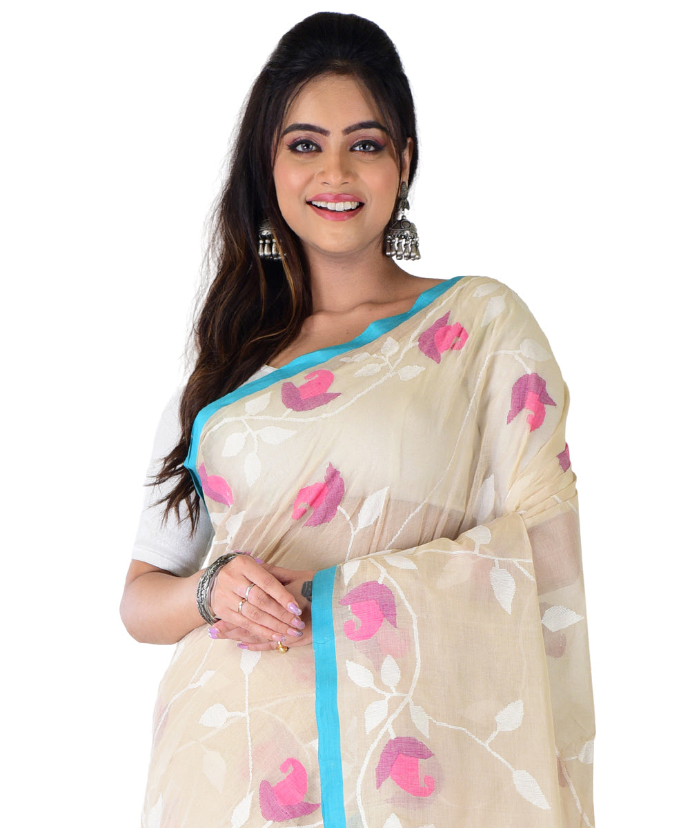 Beige sky blue multicolor handwoven cotton saree