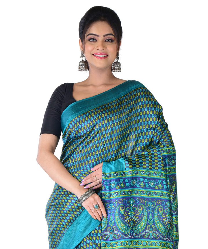 Dark green multicolor hand printed silk saree